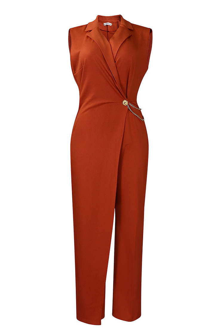 Deep V Neck Overlay Straight Leg Sleeveless Plain Jumpsuit-White