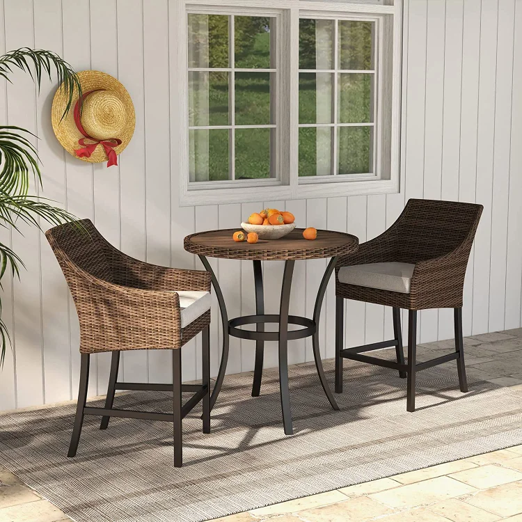 GRAND PATIO 3-Piece Patio Bar Set, Outdoor All-Weather Wicker Bar Stools Set of 3 with Olefin Cushions and Faux-Wood Table Top,Bar Table and Chairs Set for Garden,Backyard,Brown