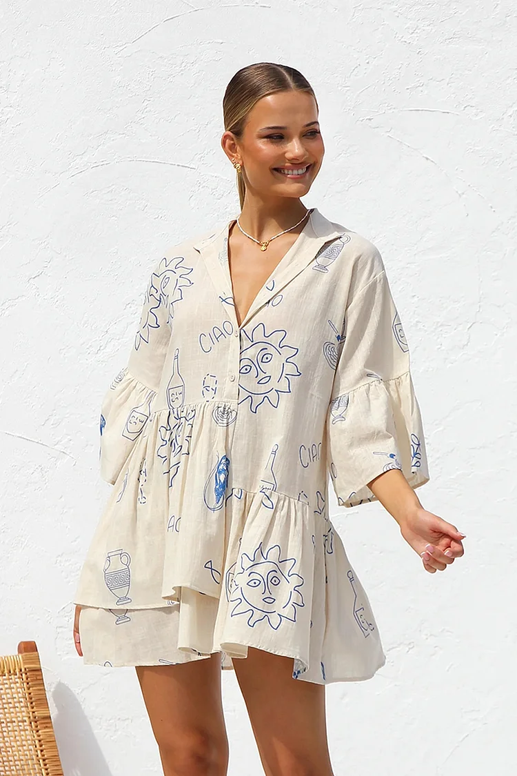 Vneck Sun Print Short Dress   August Lemonade