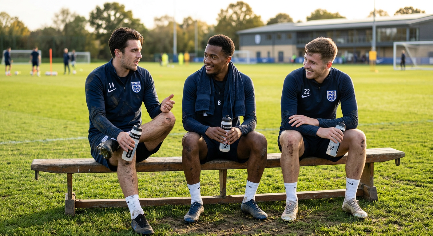 Elite footballers relaxing together after training session, illustrating the social culture and peer influence behind nicotine pouch use in professional football