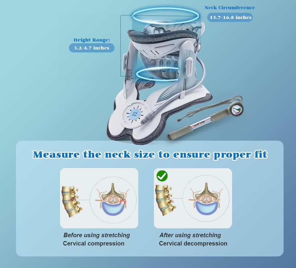A modern cervical traction device designed to provide neck pain relief. The Cervitrax Gen-2 features an ergonomic design with adjustable straps, comfortable padding, and an easy-to-use inflation pump. The device is shown in use, supporting the user's neck and gently stretching the cervical spine for therapeutic benefits.
