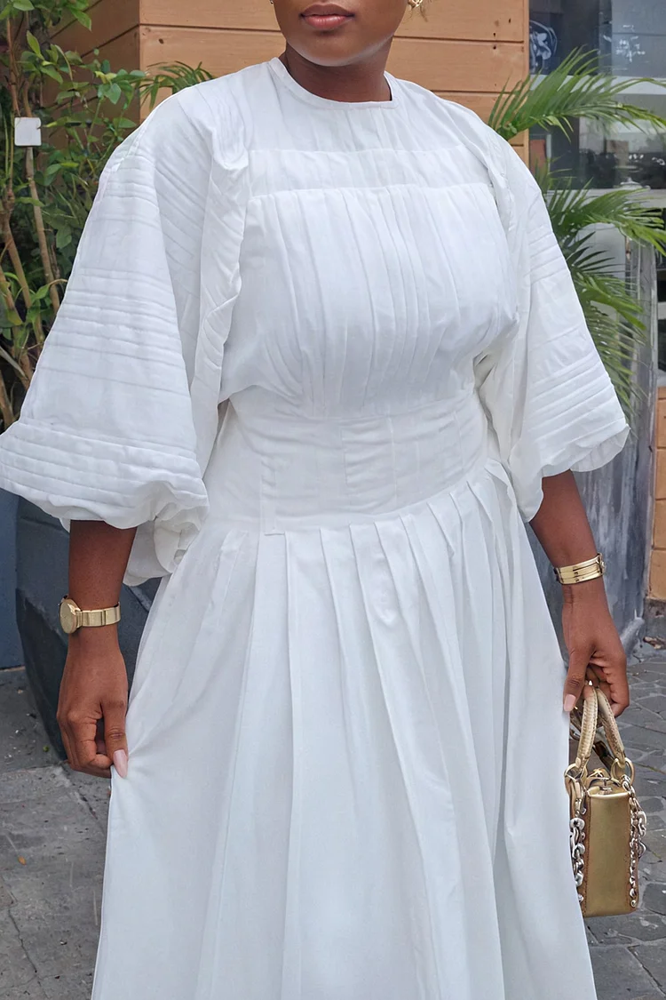 Plus Size Business Casual White Round Neck Lantern Sleeve 3/4 Sleeve Pocket Elegant Pleated Maxi Dresses [Pre-Order]