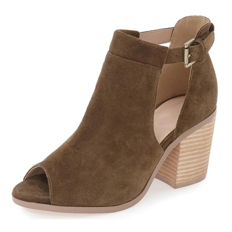 Brown Cut Out Peep Toe Ankle Boots Suede Wooden Block Heel Vdcoo