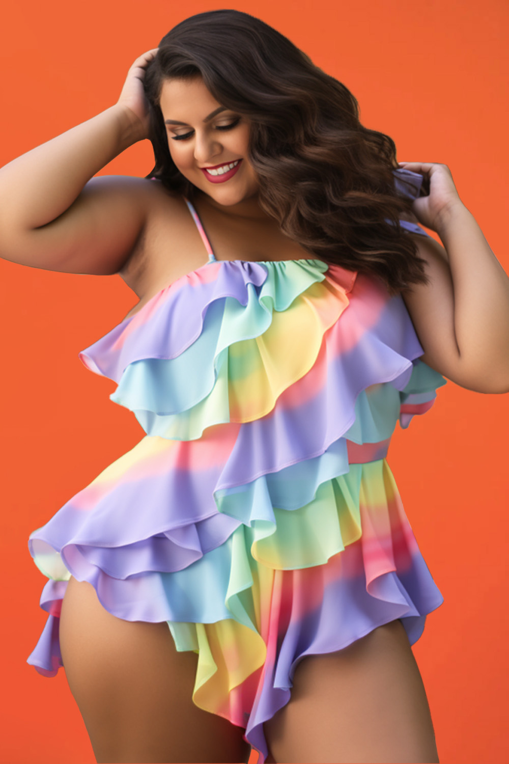 Xpluswear Design Plus Size Beach Rainbow Gradient Square Neck Flounce Ruffle One Piece Swimwear