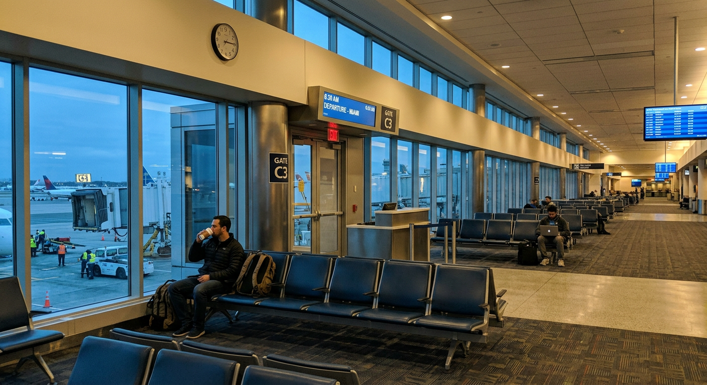 Traveler at airport gate at dawn representing demand for energy-inspired nicotine pouch flavors in 2026