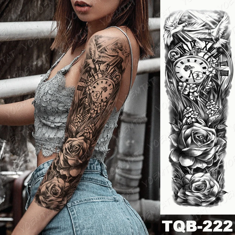 Large Arm Sleeve Tattoo Lion Cross Prayer Waterproof Temporary Tatto Sticker Tiger Beach Compass Body Art Full Fake Tatoo Men