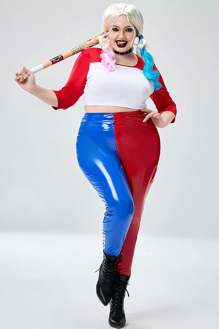 Xpluswear Design Plus Size Halloween Costume Red And Blue Cosplay Pu-Leather Colorblock Splicing Two Piece Pant Set 