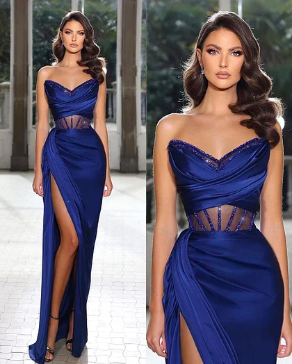 Cucully Butterfly Neckline Royal Blue Strapless Satin Prom Dress With High Split