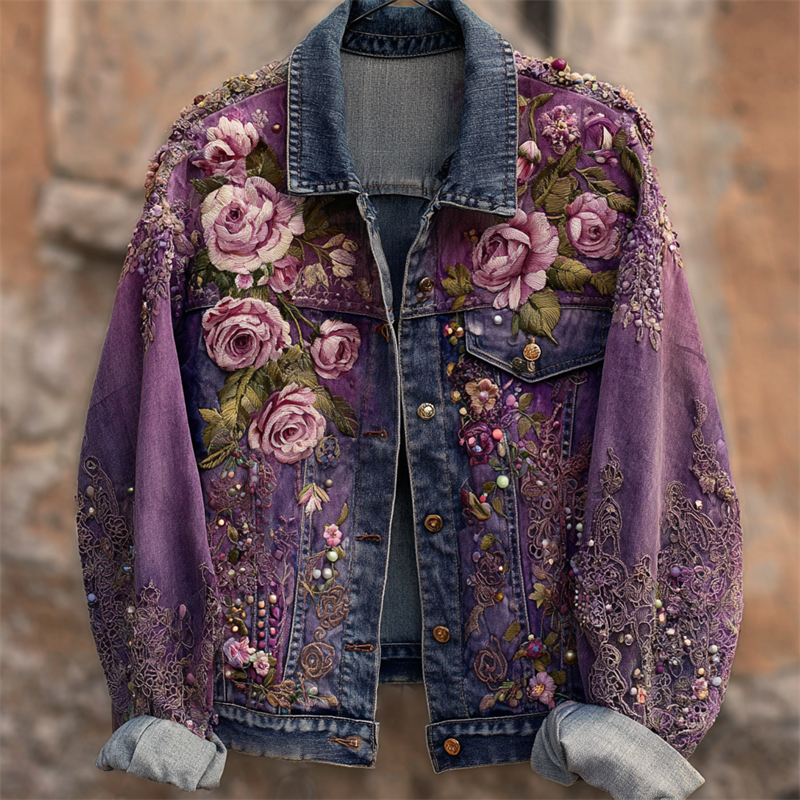 Boho Lavender Roses Glitter Embroidered Dyed Denim Jacket