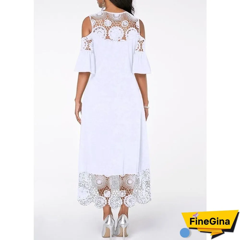 New Fashion Women Elegant Crochet Lace Cold Shoulder Long Dress Party Casual Dress Plus Size