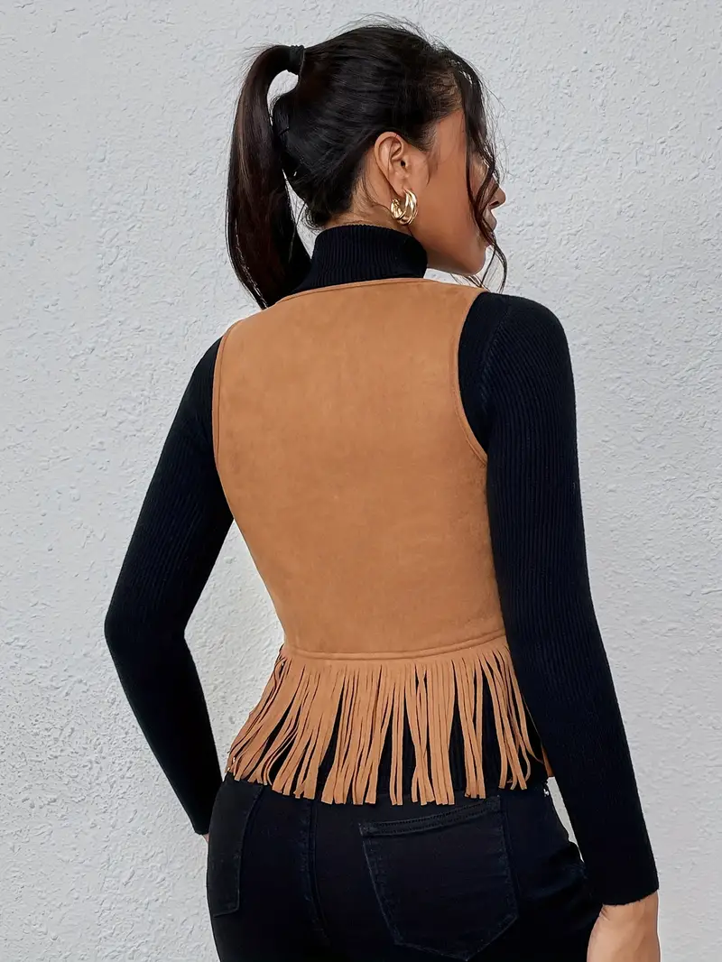 流苏领带前纯色背心,优雅无袖时尚背心,女装 详情 17