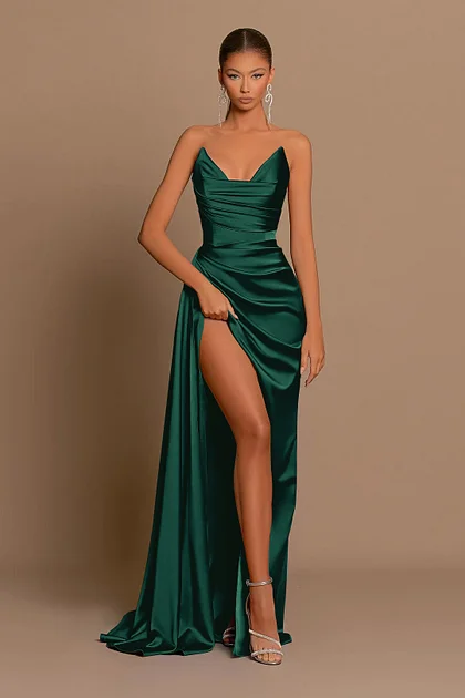 Cucully Long Elegant Classic Blue Evening Dress With Split Pleated