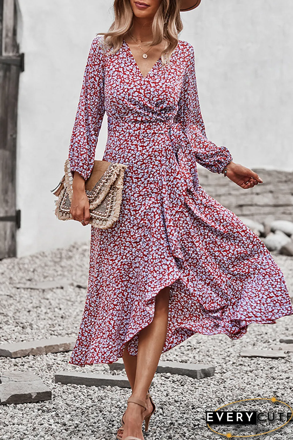 Elegant Floral Flounce Strap Design V Neck A Line Dresses(5 colors)