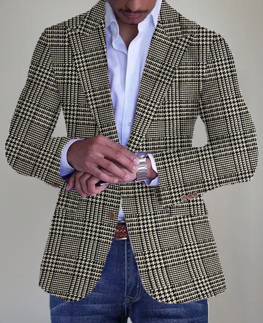 Business Houndstooth Grid Pattern Peaked Lapel Singe Breasted Blazer