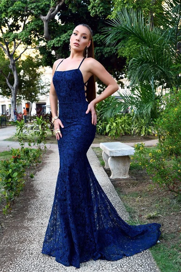 Lace Navy Blue Mermaid Evening Dress | Ballbellas Ballbellas