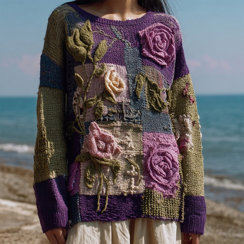 Vintage Roses Crochet Art Patchwork Cozy Knitted Sweater