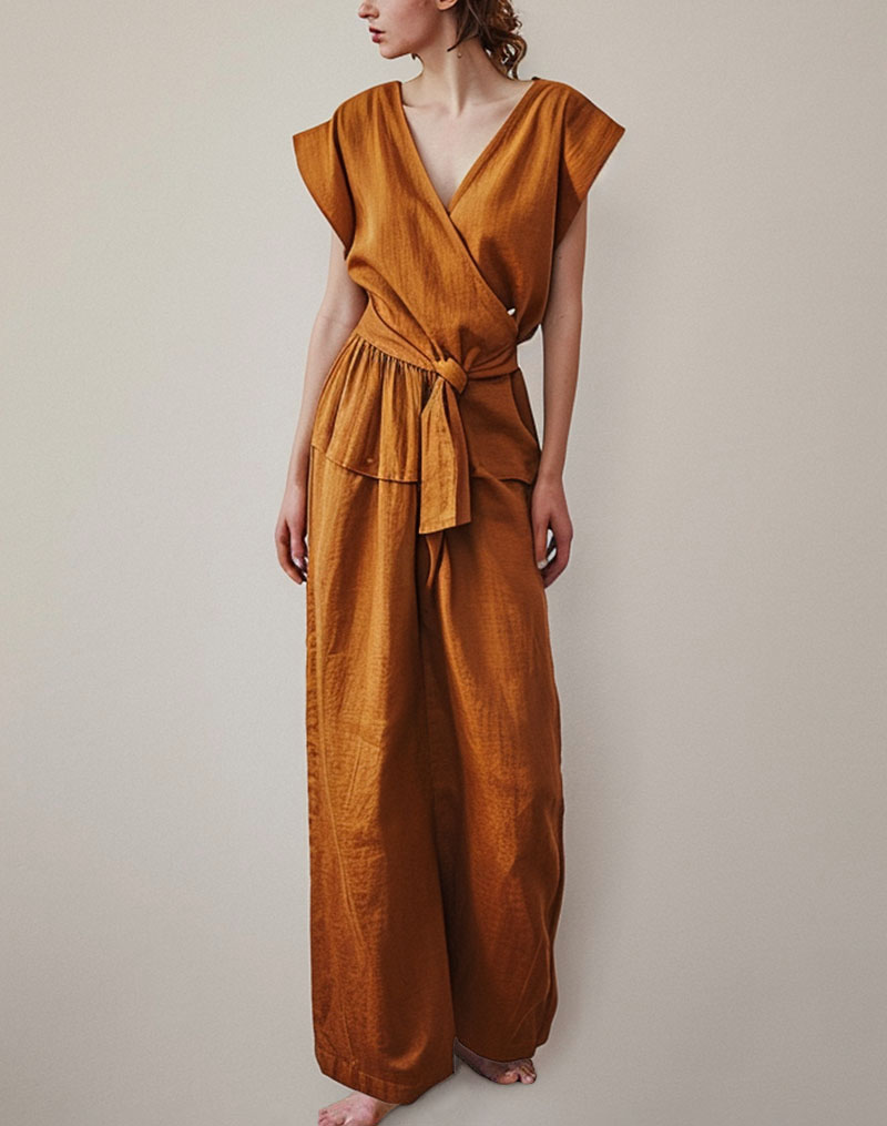 Chic V-neck cotton and linen two-piece set-Neogeekshirts:luchamp