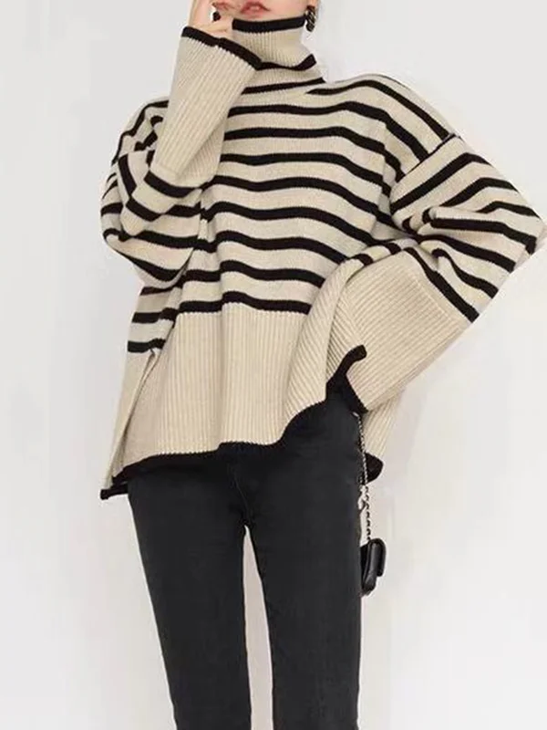 Harmony in Contrast: Long-Sleeved Loose High-Neck Sweater with Striped ...