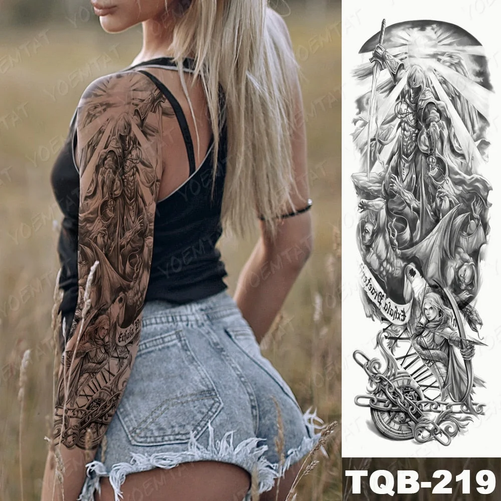 Large Arm Sleeve Tattoo Lion Cross Prayer Waterproof Temporary Tatto Sticker Tiger Beach Compass Body Art Full Fake Tatoo Men