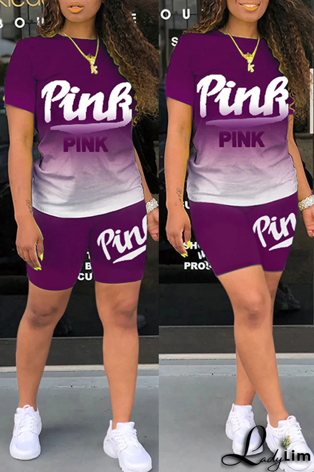 Green Fashion Casual Gradual Change Letter Print Basic O Neck Short Sleeve Two Pieces