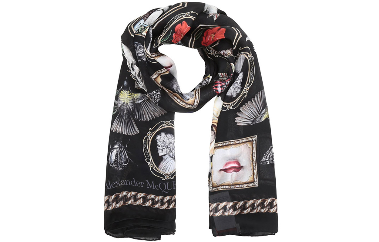 Alexander McQueen Silk Scarves Women's Black Beige Yellow Multicolor