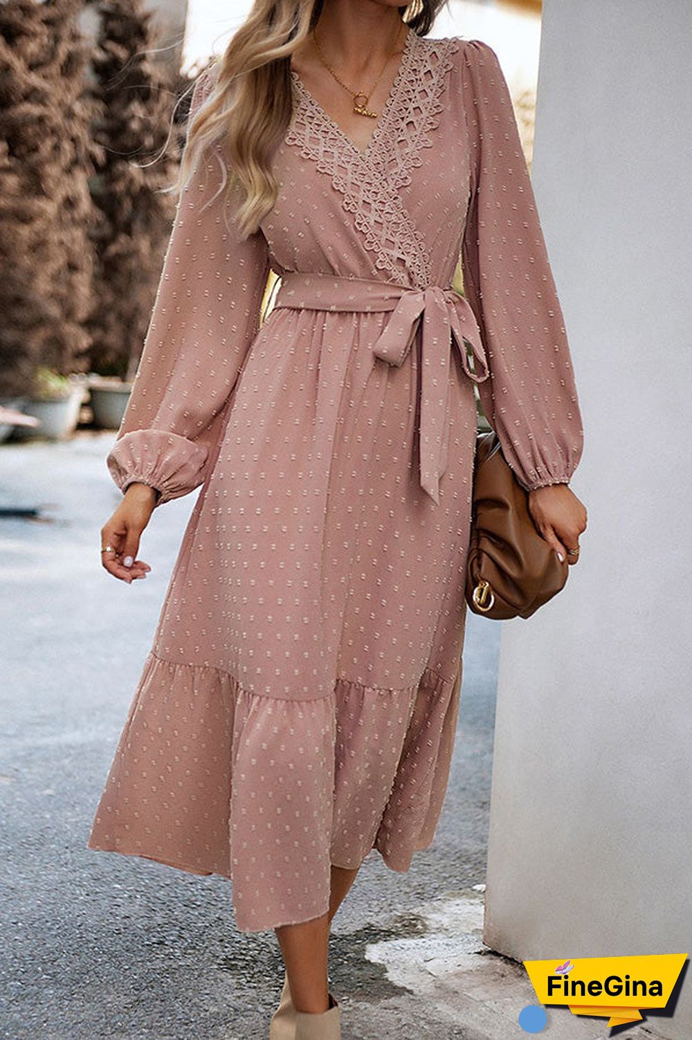 Long Sleeve Tie Waist Elegant Maxi Dress