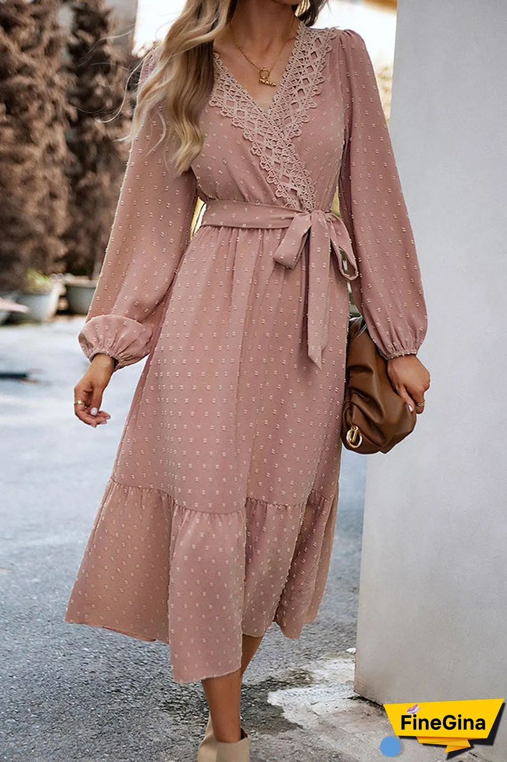 Long Sleeve Tie Waist Elegant Maxi Dress