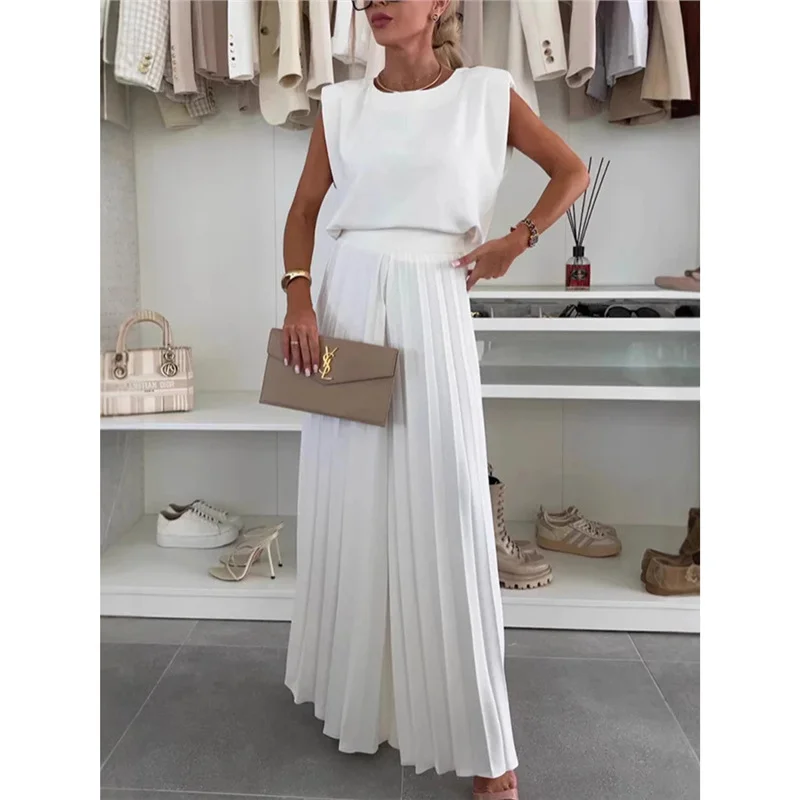 Athvotar Athvotar Summer Wide Leg Trousers Round Collar Sleeveless Top Trousers Two Sets Of Casual Wear