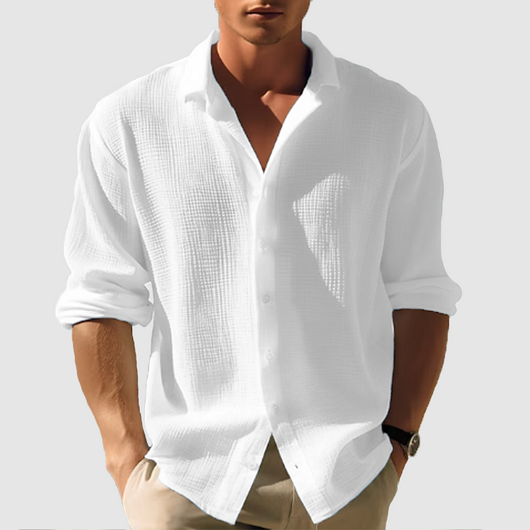 Men’s  casual lapel solid color long sleeve button top
