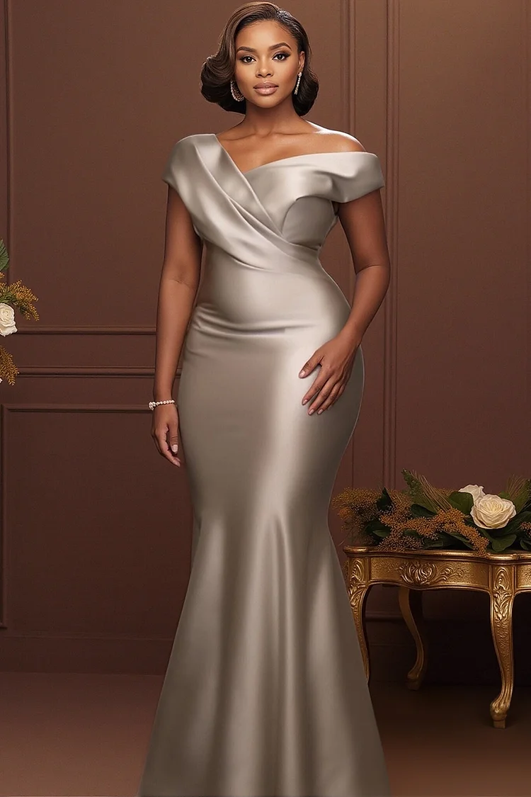 Xpluswear Design Plus Size Formal Silver One Shoulder Mermaid Elegant Bodycon Satin Maxi Dresses [Pre-Order] 2024 - Xpluswear