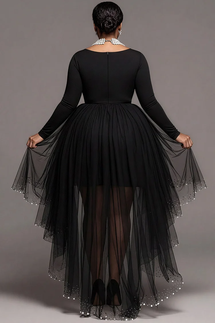 Xpluswear Design Plus Size Party Black Round Neck Long Sleeve High Low Hem Elegant Ruffle Tulle Mini Dresses [Pre-Order]
