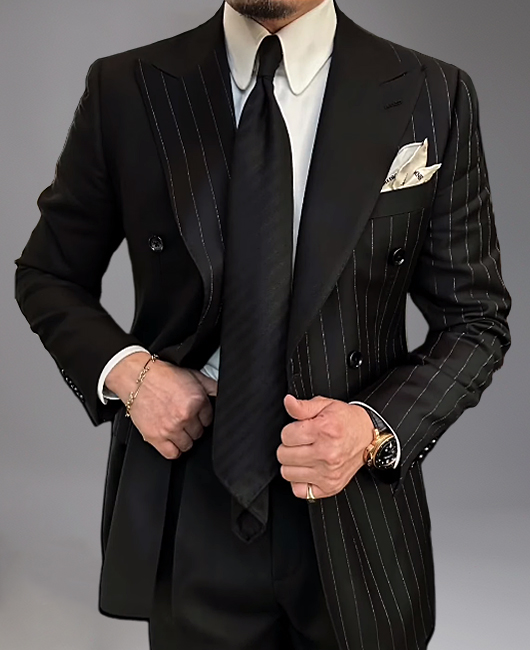 Business Stripes Patchwork Peaked Lapel Double Breasted Flap Pocket Blazer