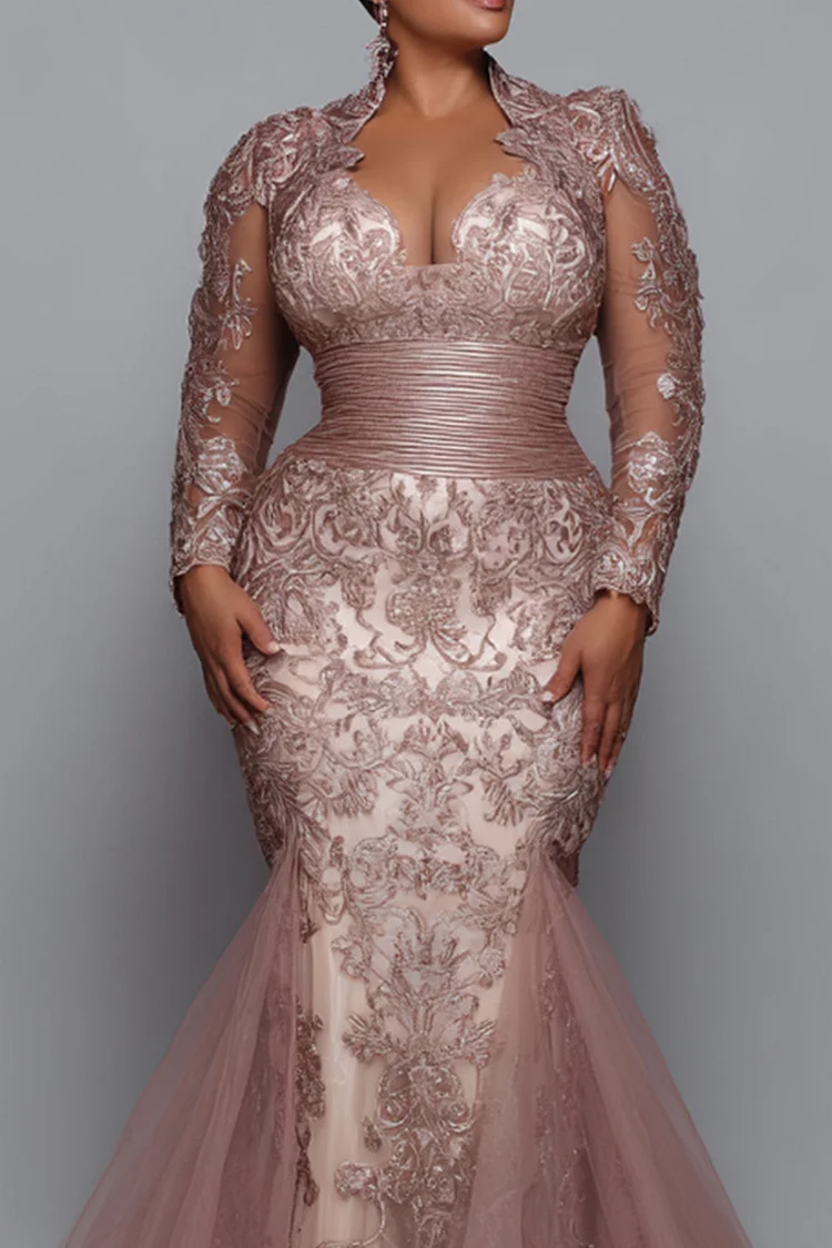 Xpluswear Design Plus Size Formal Pink V Neck Long Sleeve Mermaid Elegant See Through Tulle Lace Maxi Dresses [Pre-Order]