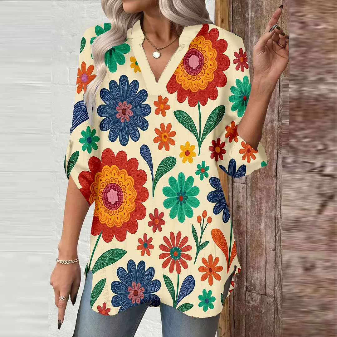 Women Colorful, Floral DZGA0075 3/4 Sleeve V-neck Printed Graphic Button Tops