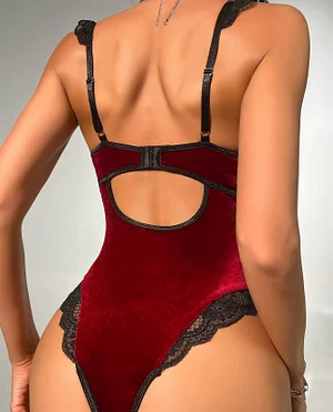 Red Velvet Bodysuit Lace Body One-piece Crotchless Teddy