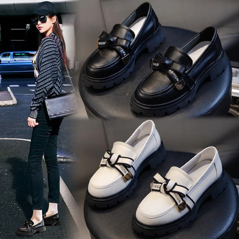 Genuine Leather Platform Shoes Women's Loafers Heel Woman Pumps Shoes for Women 2022 Spring Bow Knot Designer Black Heels Girls