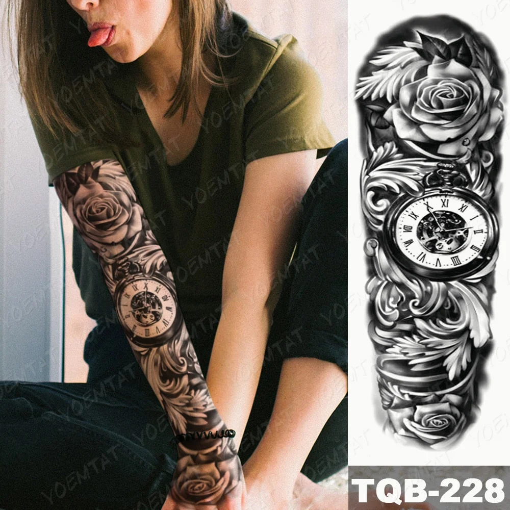 Large Arm Sleeve Tattoo Lion Cross Prayer Waterproof Temporary Tatto Sticker Tiger Beach Compass Body Art Full Fake Tatoo Men
