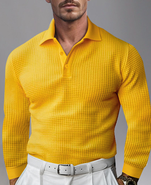 Business Waffle Turndown Collar Button Long Sleeve Polo Shirt