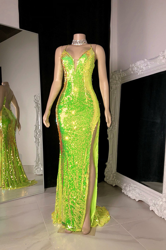 Ovlias Glitter Green Prom Dress Sequins Sleevesless V Neck Slit YL0134