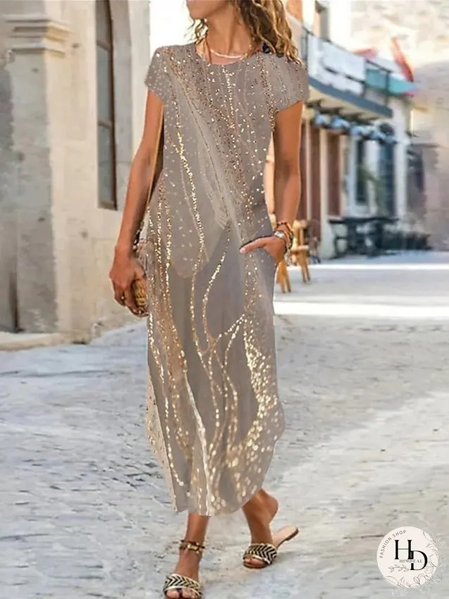 Casual Dress Shift Dress Summer Dress Ombre Marble Print Pocket Split Crew Neck Long Dress Maxi Dress Fashion Streetwear Outdoor Daily Short Sleeve Regular Fit Light Pink Pink Blue Summer for Women