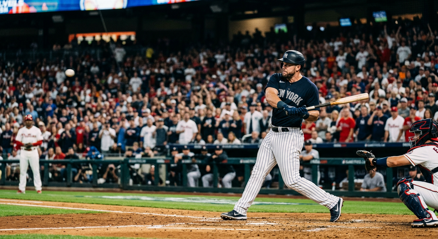 Baseball player mid-swing at professional stadium during high-stakes international competition