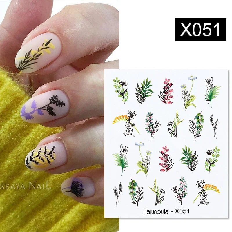 1Pc Spring Water Nail Decal And Sticker Flower Leaf Tree Green Simple Summer DIY Slider For Manicuring Nail Art Watermark