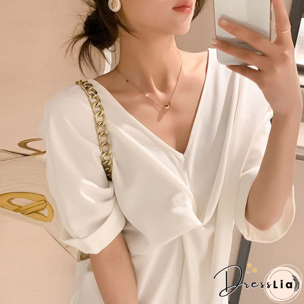 Extra-large Kinked T-shirt Skirt Loose Tibetan Meat Slim Backless V-neck Dress Wihte Dresses