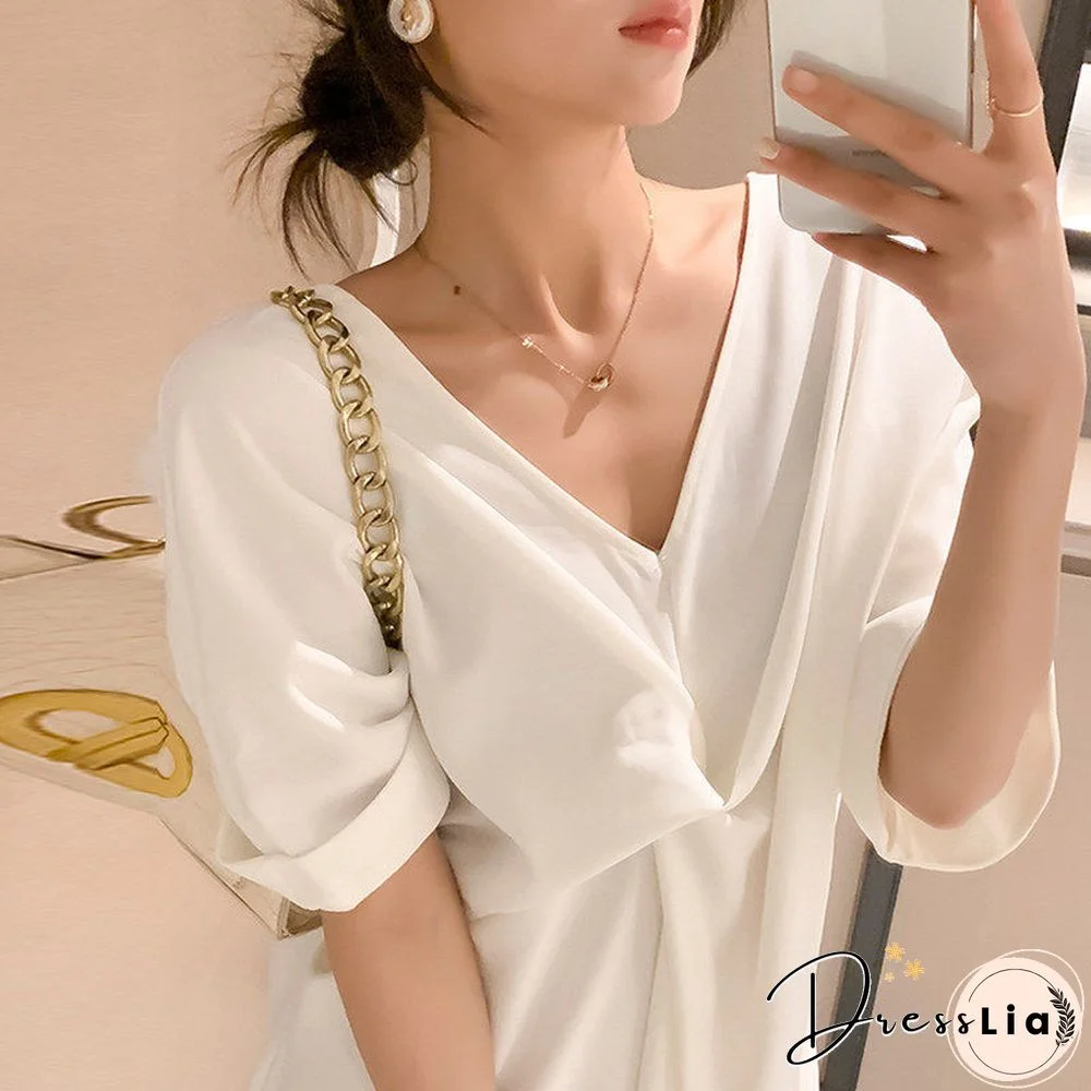 Extra-large Kinked T-shirt Skirt Loose Tibetan Meat Slim Backless V-neck Dress Wihte Dresses