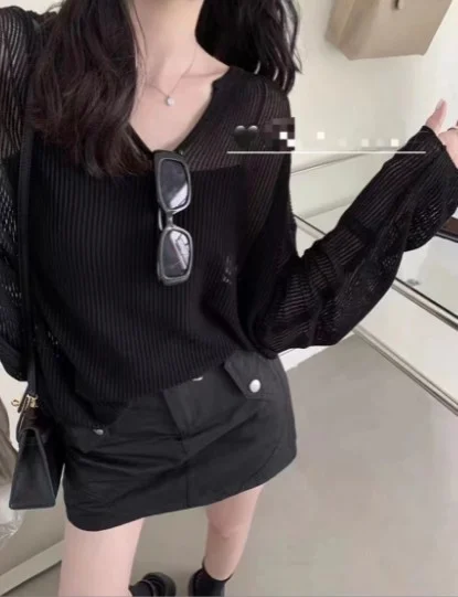 Churchf Churchf New Korean Loose Lazy Wind Long Sleeve Large Version V-Neck Ice Silk Jacket Women's Spring And Summer Thin Hollow Out Sweater