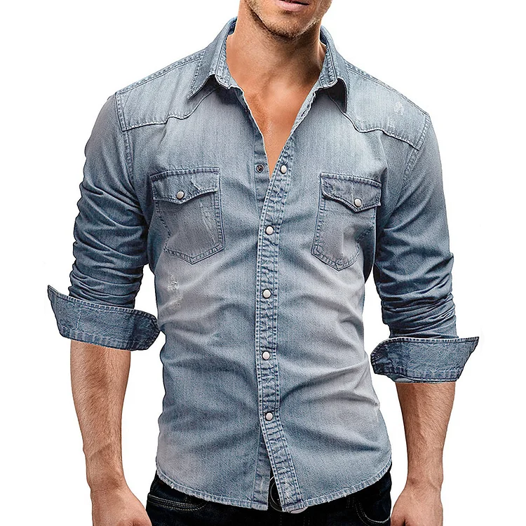 Men's simple casual loose fitting long sleeved denim shirt