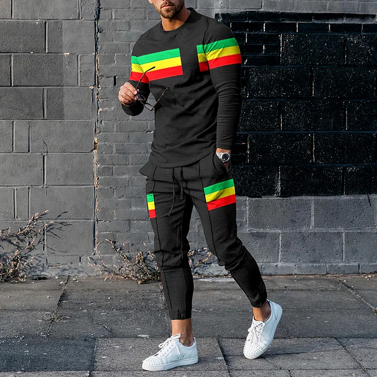 Utbros Stylish Reggae Contrast Color Geometry Long Sleeve T-Shirt And Pants Co-Ord