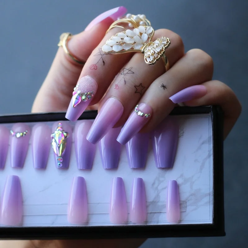 Middle length Coffin Ombre Pink Acrylic nails crystal DIY Style Art Fake nalis Tips Press on nails Cute girlfriend gift box set-Nail Inspo