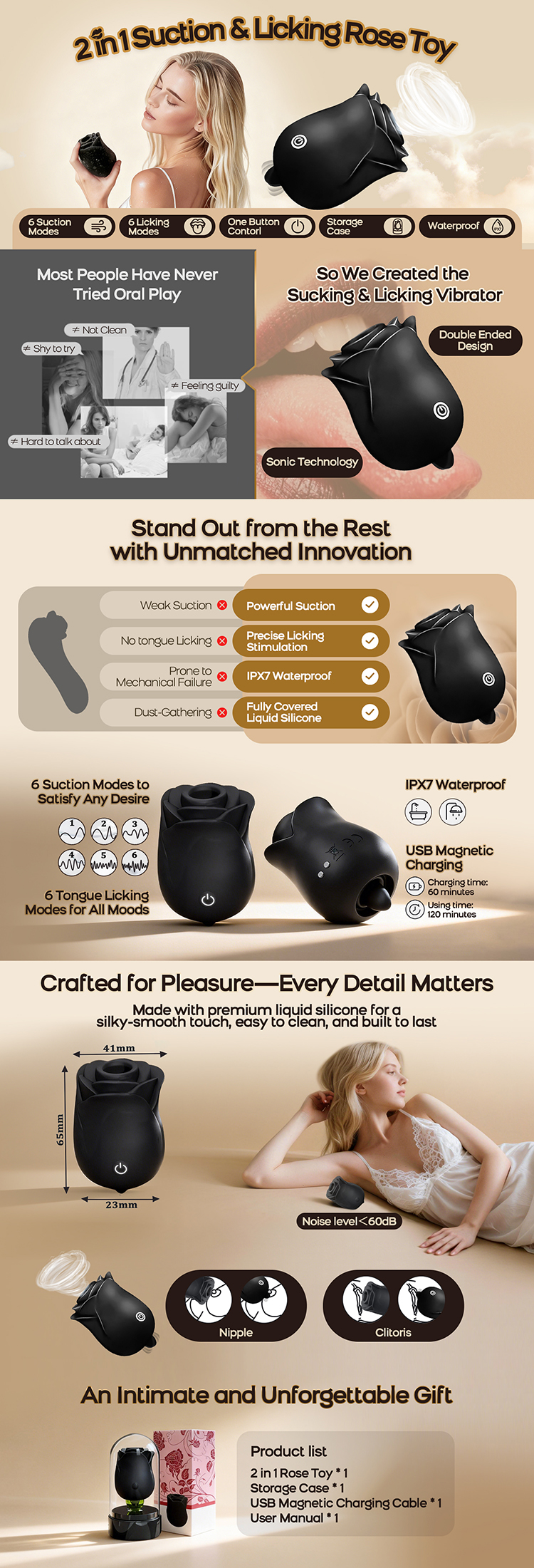 6 Suction Modes auto sucking 6 Licking Modes One Button Contorl Storage Case Waterproof 2 in 1 Suction & Licking Rose Toy ①Sucking & Licking ②Double ended design ③Sonic technology Stand Out from the Rest with Unmatched Innovation ①Weak suction ②No tongue licking ③Precise Licking Stimulation ④Dust-gathering ⑤Storage Case for Clean Play ①6 Suction Modes to Satisfy Any Desire ②6 Tongue Licking Modes for All Moods USB Magnetic Charging Crafted for Pleasure—Every Detail Matters Made with premium liquid silicone for a silky-smooth touch, easy to clean, and built to last 2 in 1 Rose Toy * 1 Storage Case * 1 USB Magnetic Charging Cable * 1 User Manual * 1