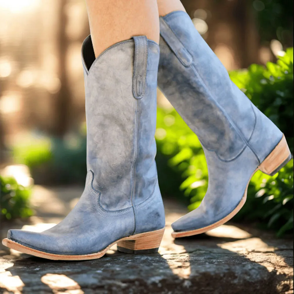 Chic Blue Snip Toe Pull On Western Boots for Women with Chunky Heel